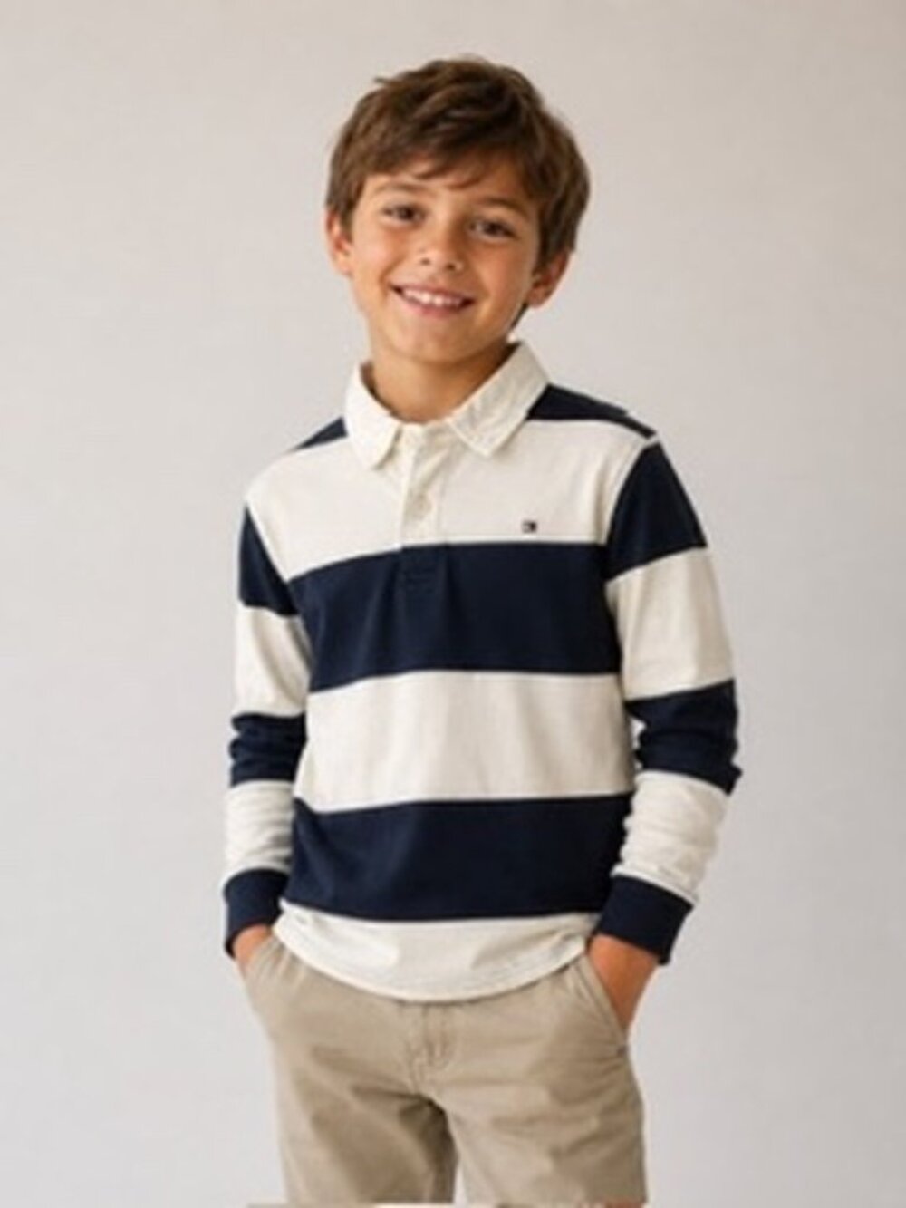 Tommy Hilfiger Boys Rugby Polo Size 8 Navy White Stripe Long Sleeve Shirt EUC